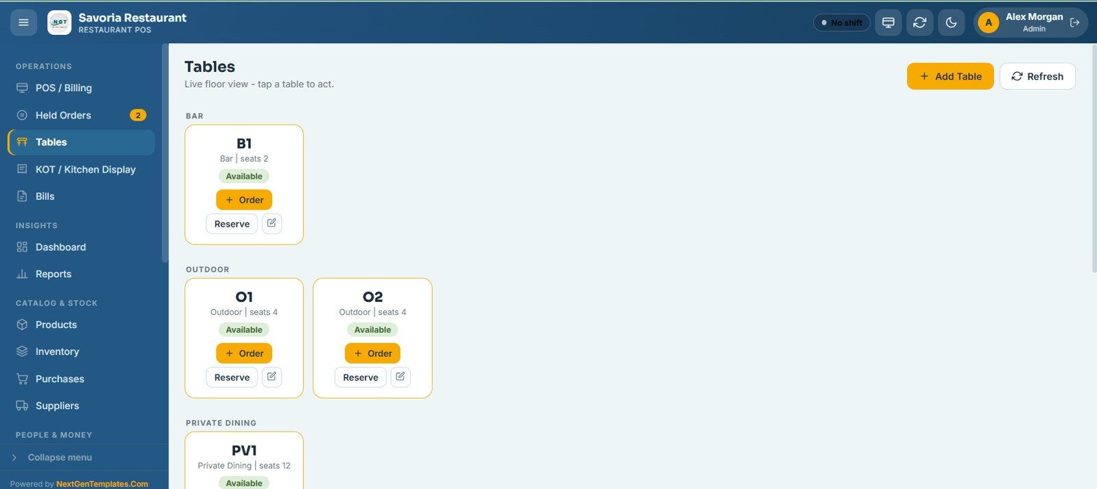 Restaurant POS Web App - Tables Floor View