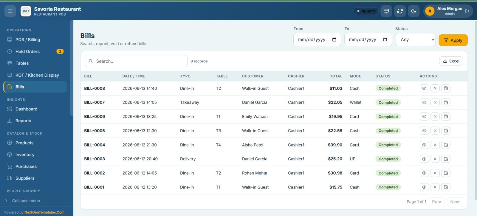 Restaurant POS Web App - Bills Management