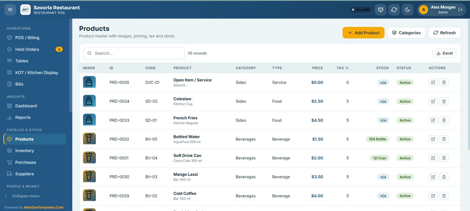 Restaurant POS Web App - Products Master