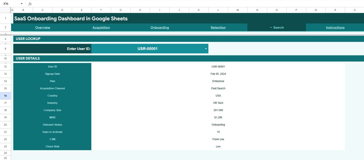 SaaS Onboarding Dashboard in Google Sheets - Search Sheet