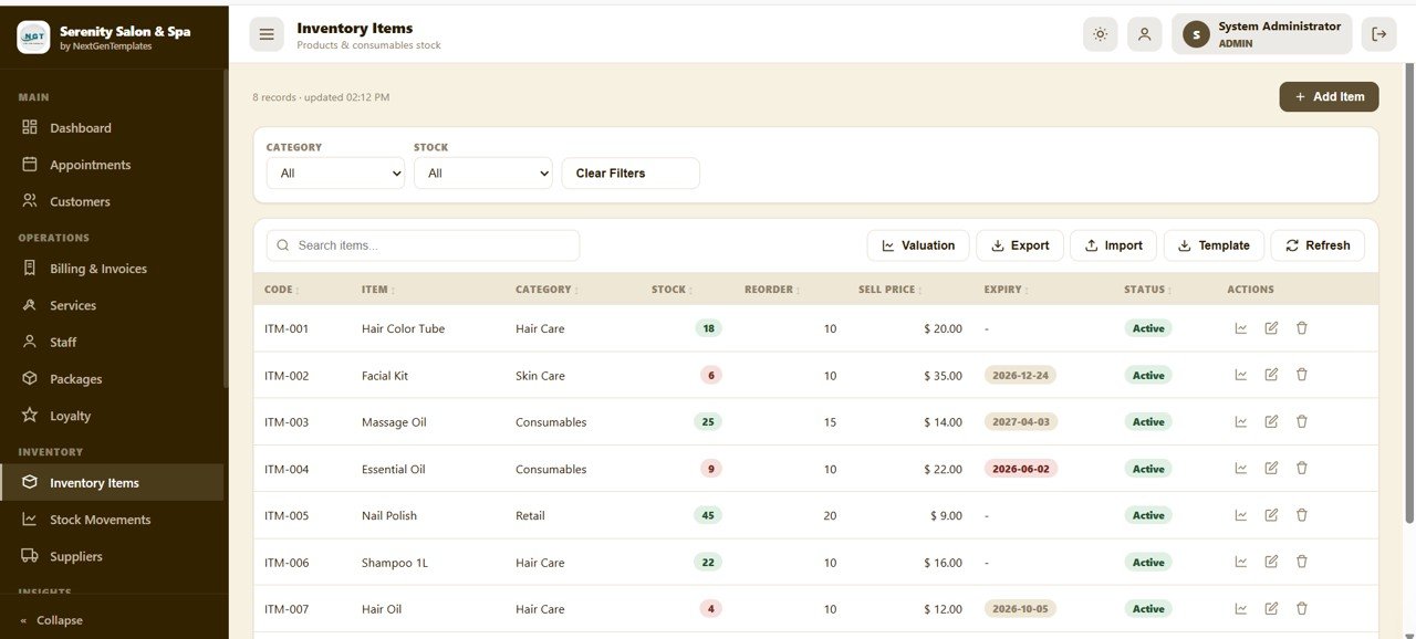 Salon and Spa Management System Web App - Inventory Items