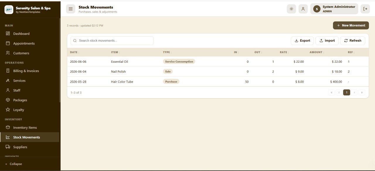 Salon and Spa Management System Web App - Stock Movements