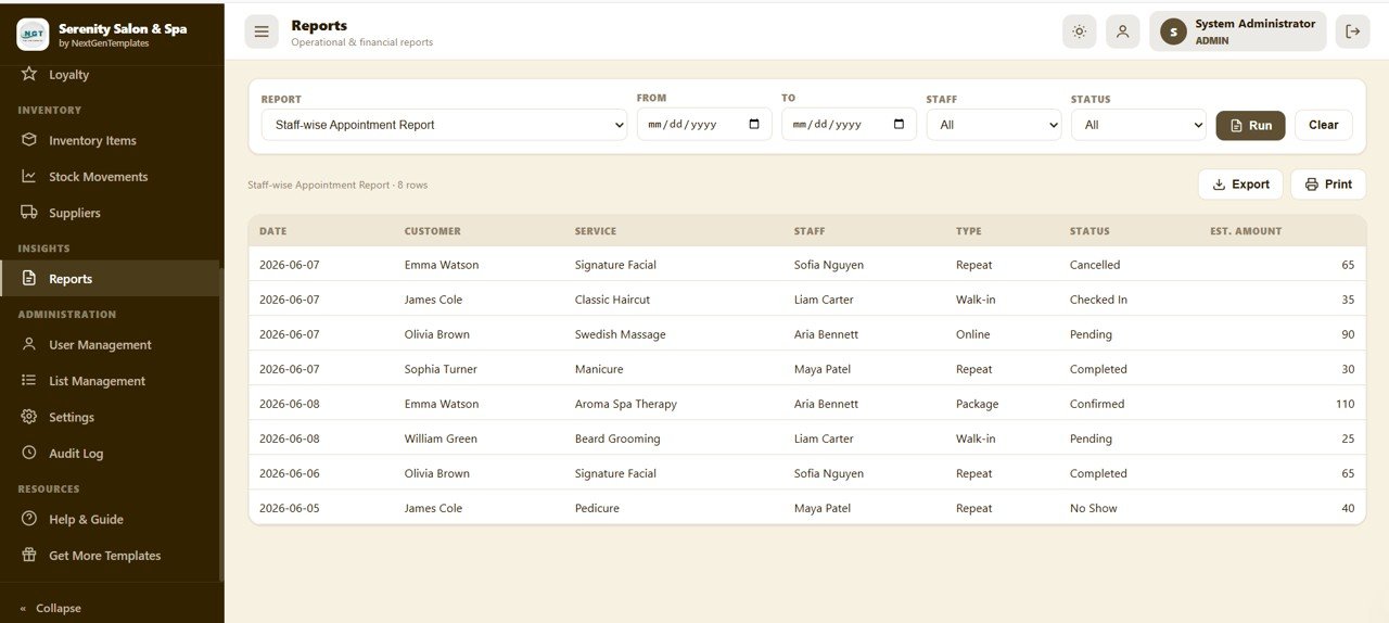 Salon and Spa Management System Web App - Reports