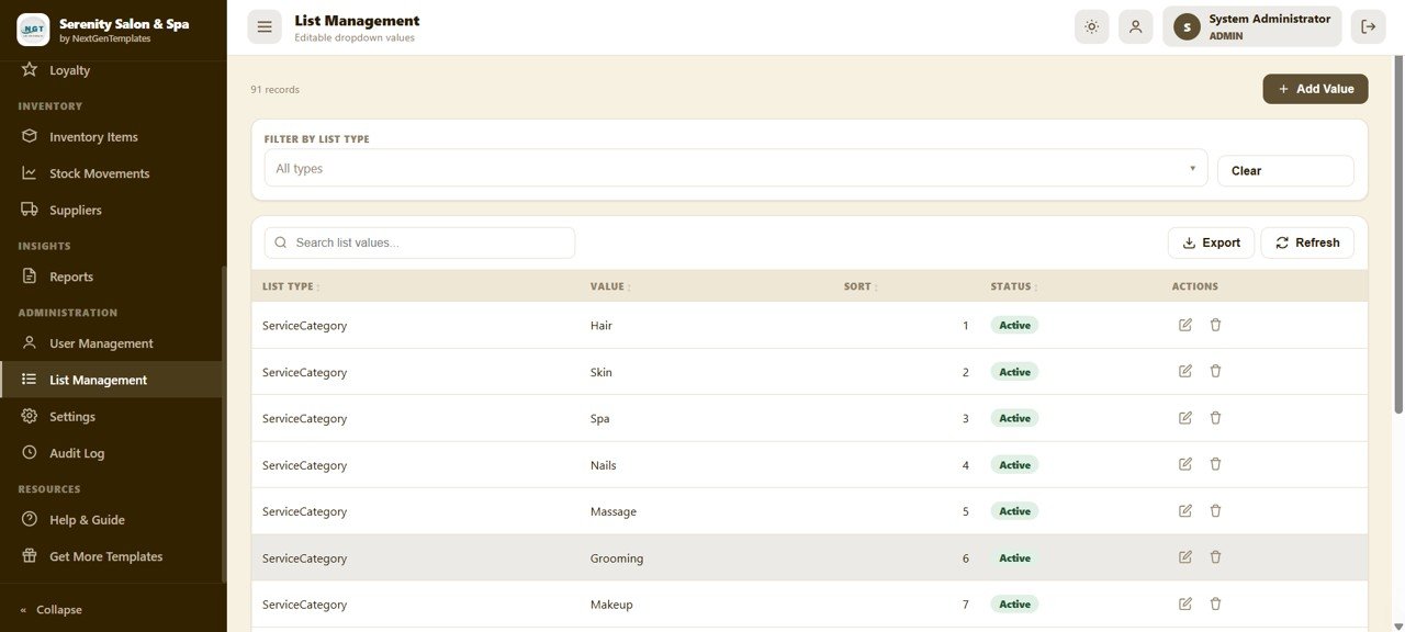 Salon and Spa Management System Web App - List Management