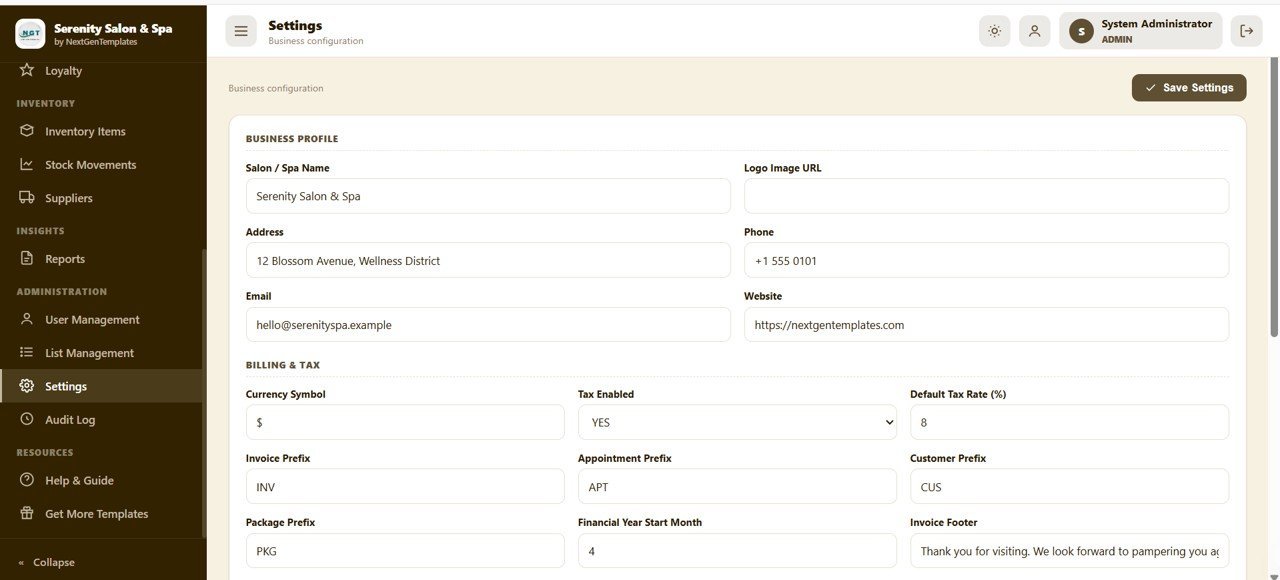 Salon and Spa Management System Web App - Settings
