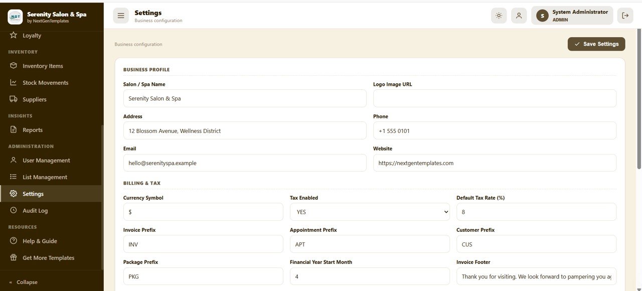 Salon and Spa Management System Web App - Settings