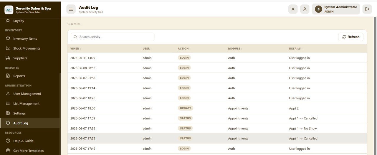 Salon and Spa Management System Web App - Audit Log