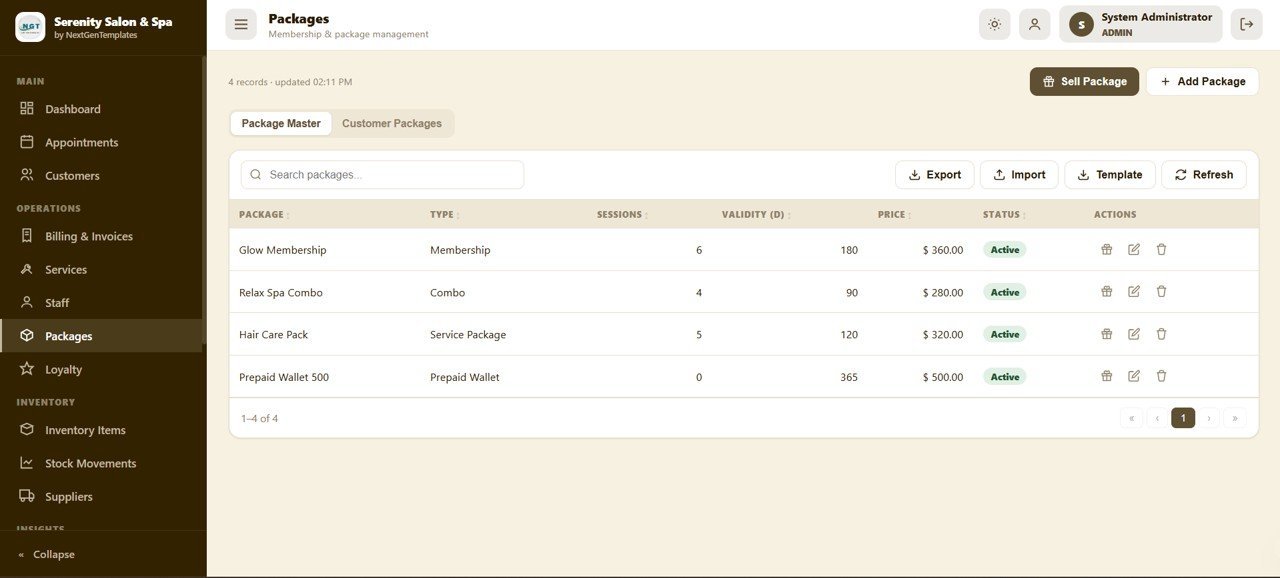 Salon and Spa Management System Web App - Packages