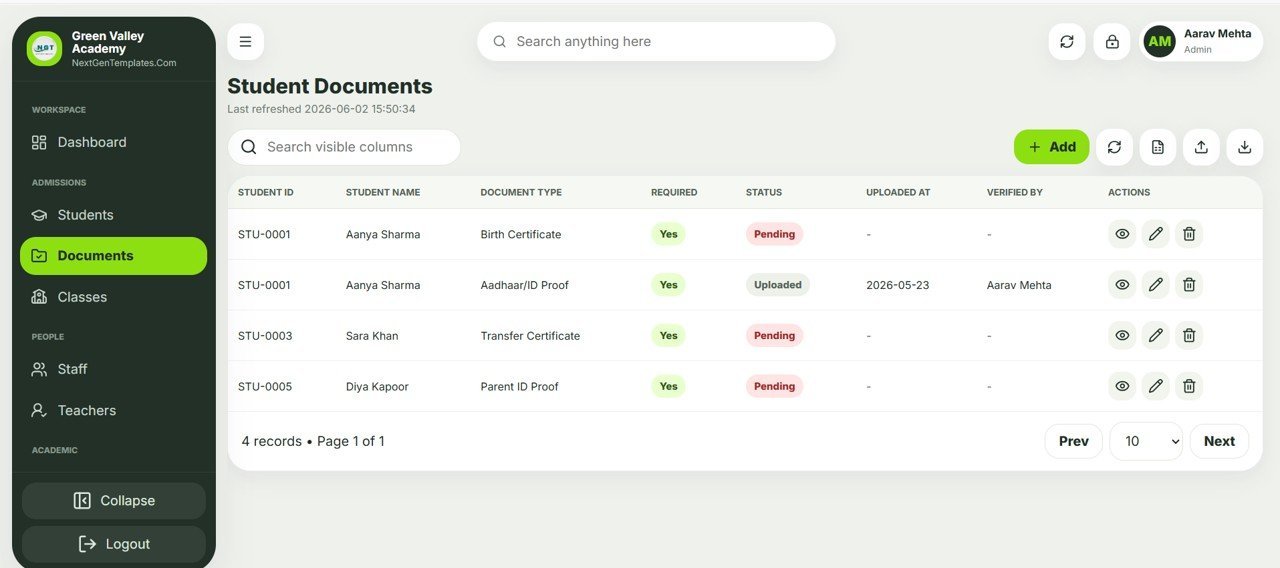 School Management System Web App student documents tracker