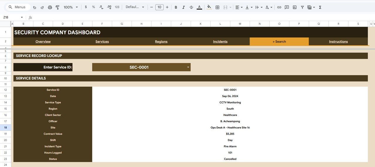 Security Company Dashboard in Google Sheets - Search Sheet tab