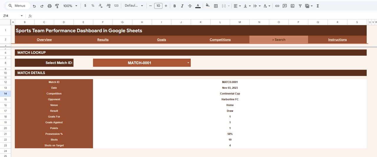 Sports Team Performance Dashboard in Google Sheets - Search Sheet tab
