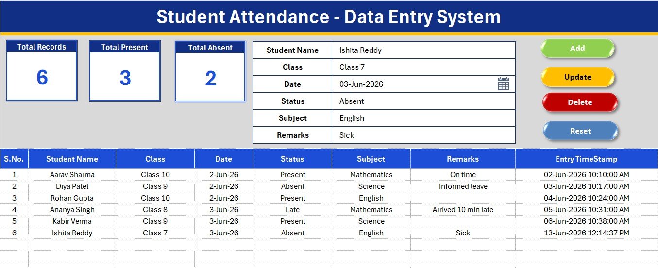 Student Attendance Data Entry System in Excel