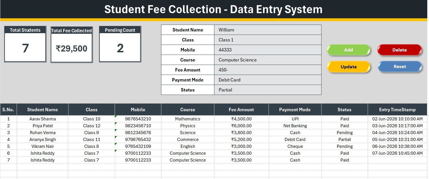 Student Fee Collection System in Excel
