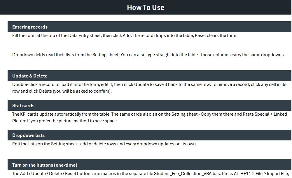 Student Fee Collection System in Excel instructions and records table