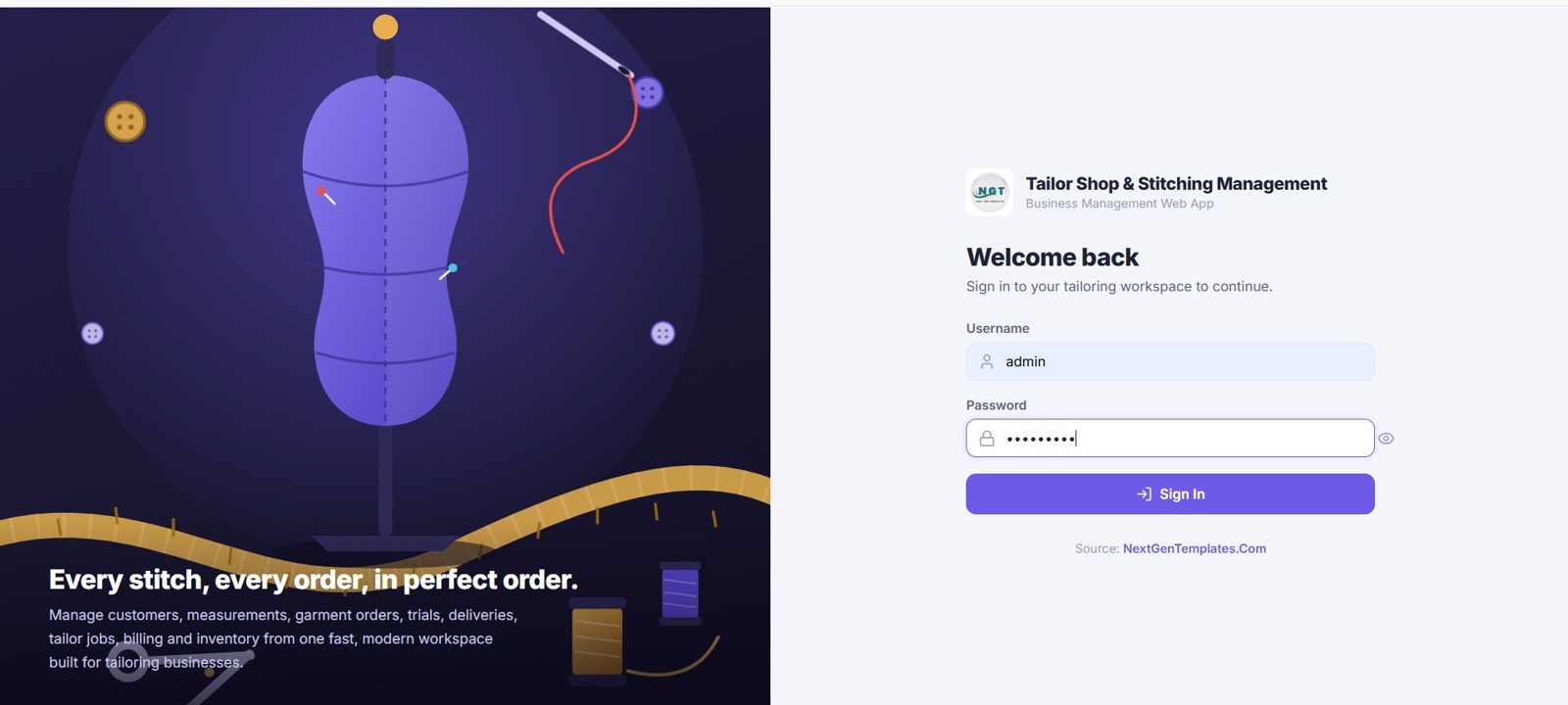 Tailor Shop and Stitching Management System Web App login screen