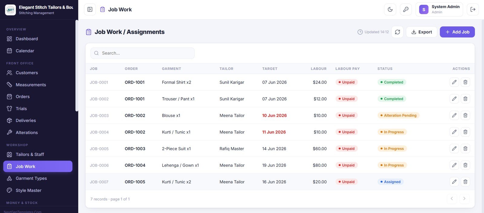Tailor Shop and Stitching Management System Web App job work assignments