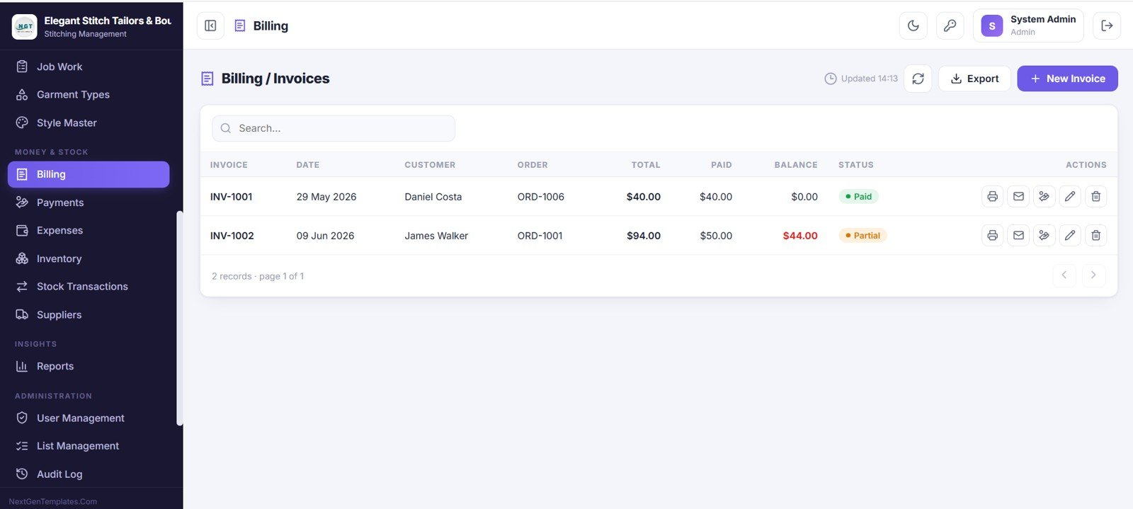 Tailor Shop and Stitching Management System Web App billing and invoices