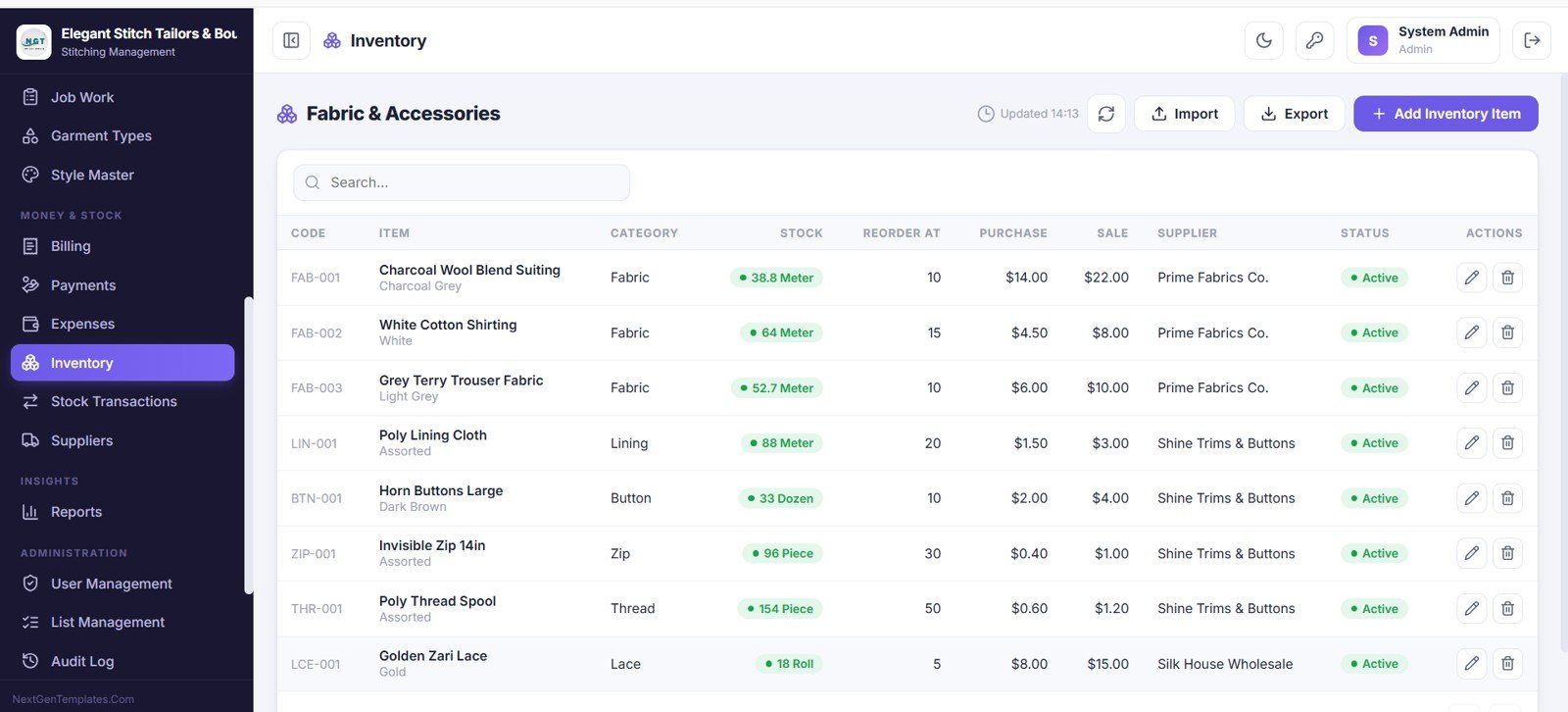 Tailor Shop and Stitching Management System Web App fabric inventory