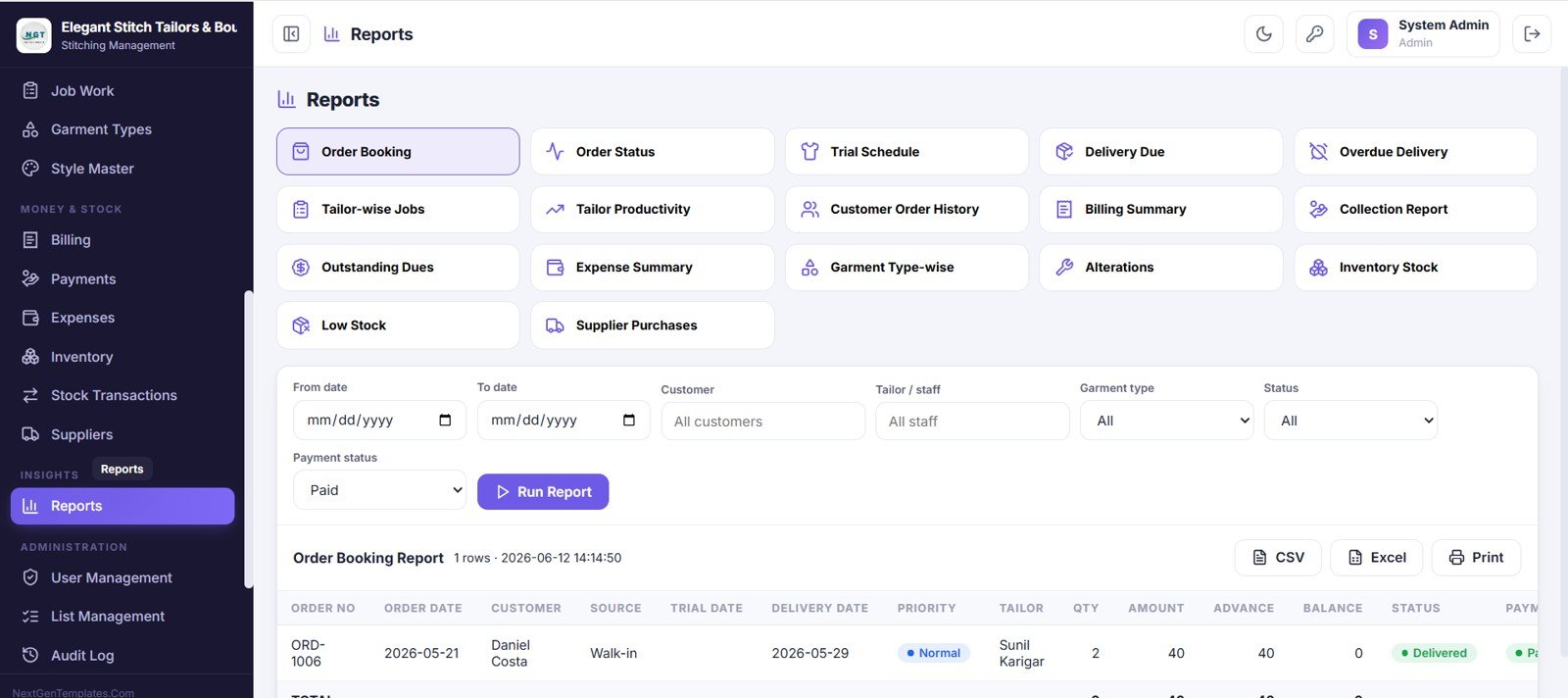 Tailor Shop and Stitching Management System Web App reports screen
