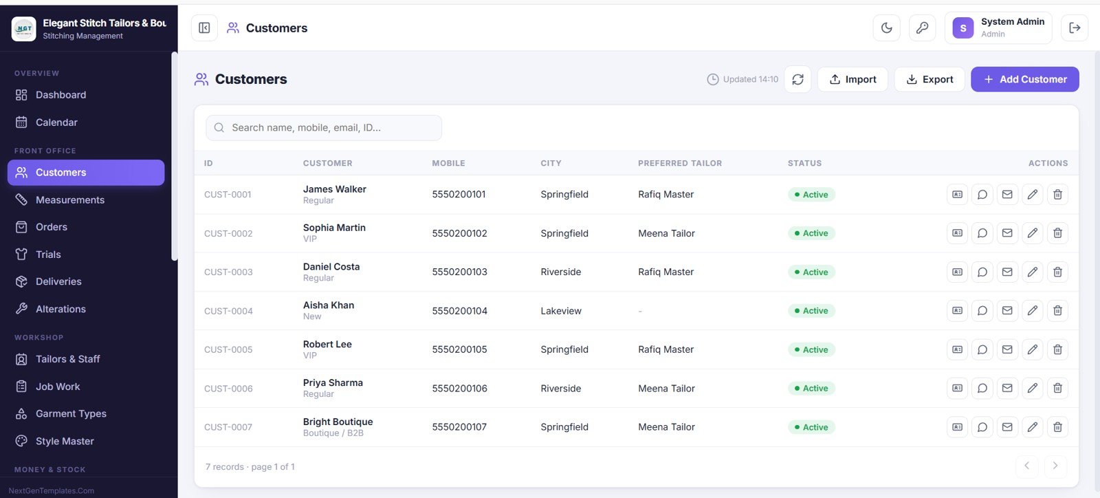 Tailor Shop and Stitching Management System Web App customers screen