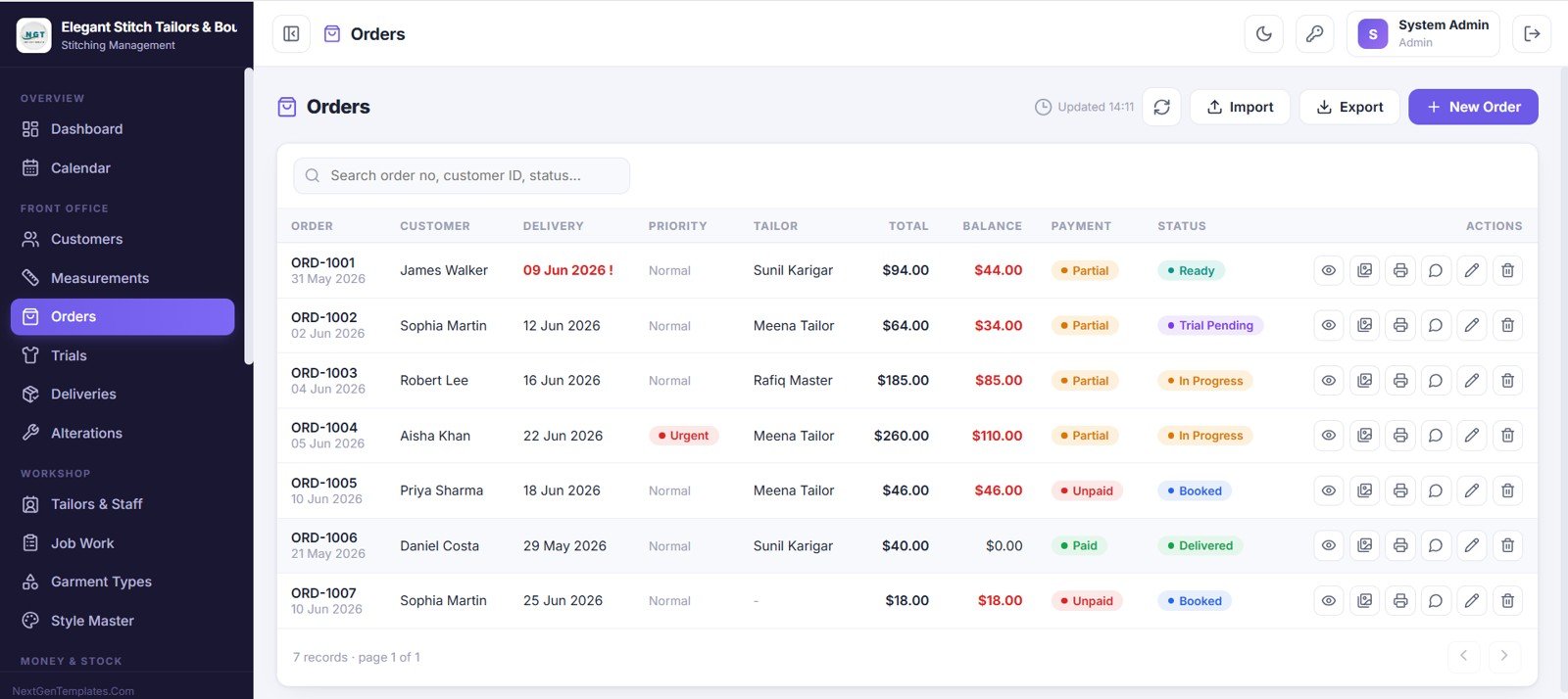 Tailor Shop and Stitching Management System Web App orders screen