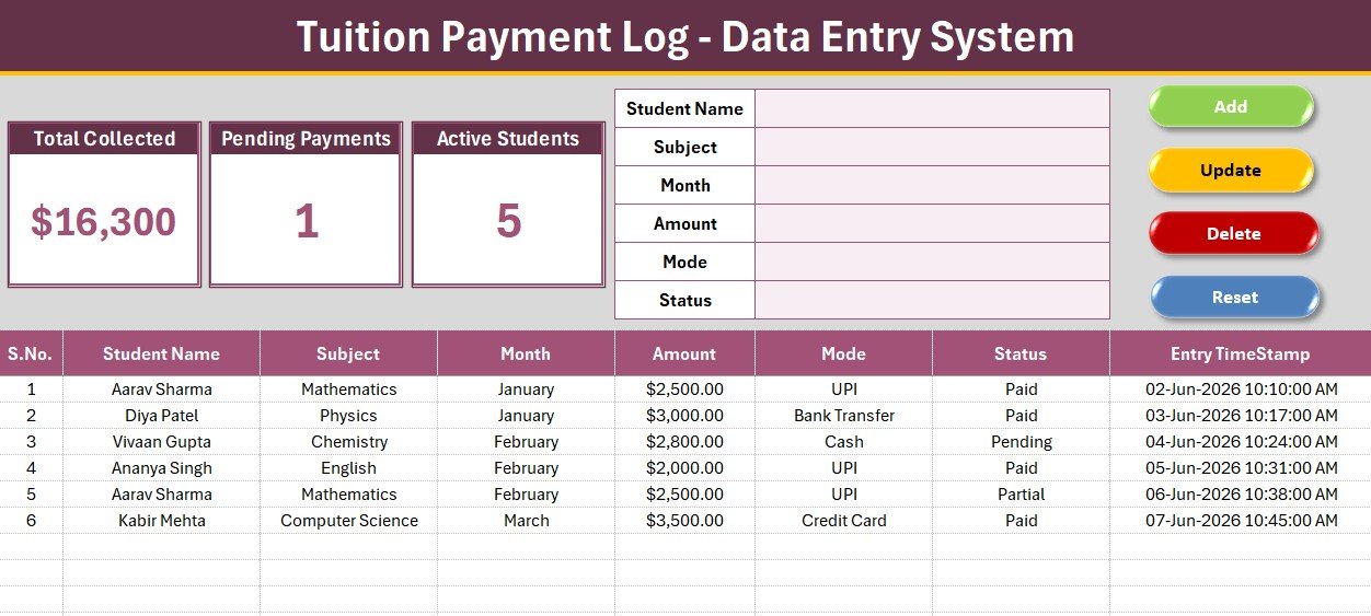 Tuition Payment Log Data Entry System in Excel