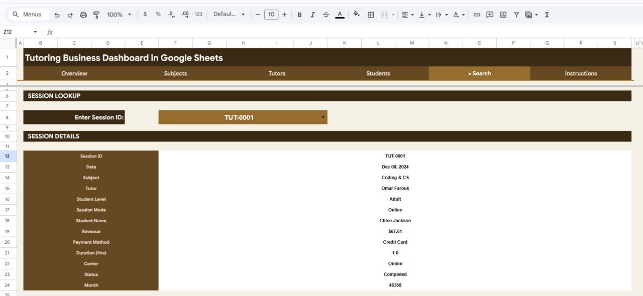 Tutoring Business Dashboard in Google Sheets - Search Sheet tab