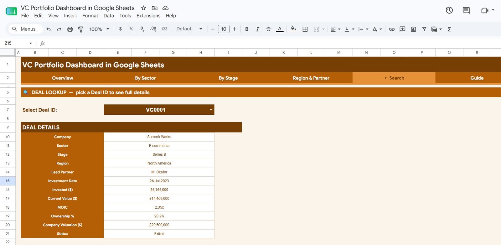VC Portfolio Dashboard in Google Sheets - Search Sheet tab