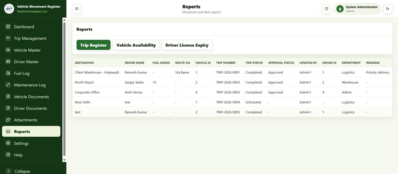 Vehicle Movement Register Management System Web App - Reports