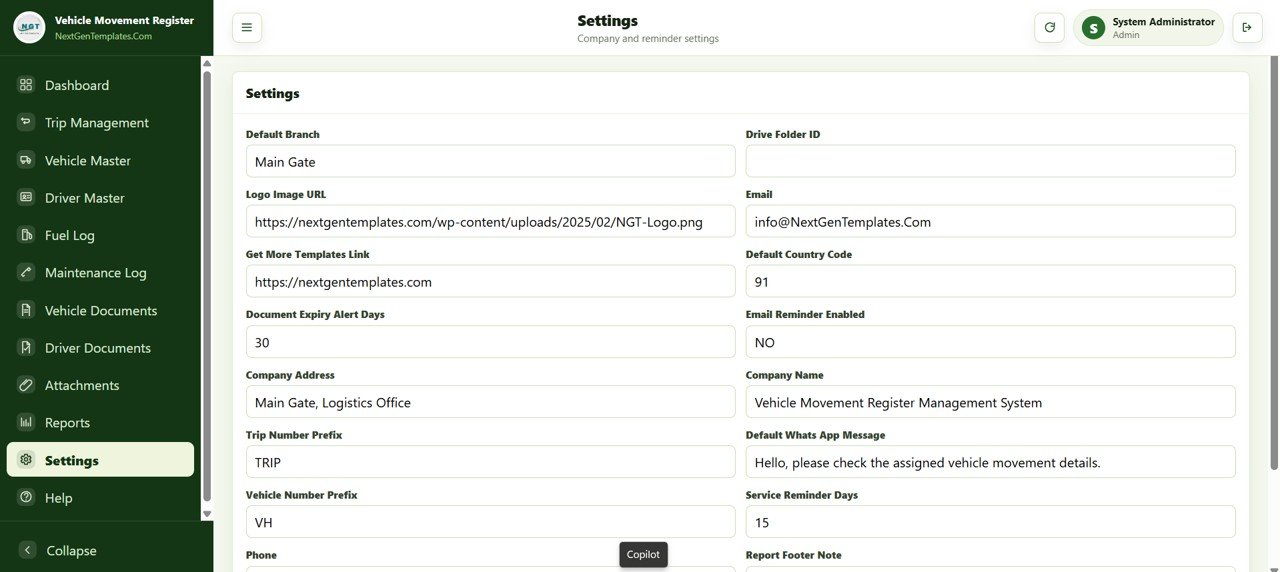 Vehicle Movement Register Management System Web App - Settings
