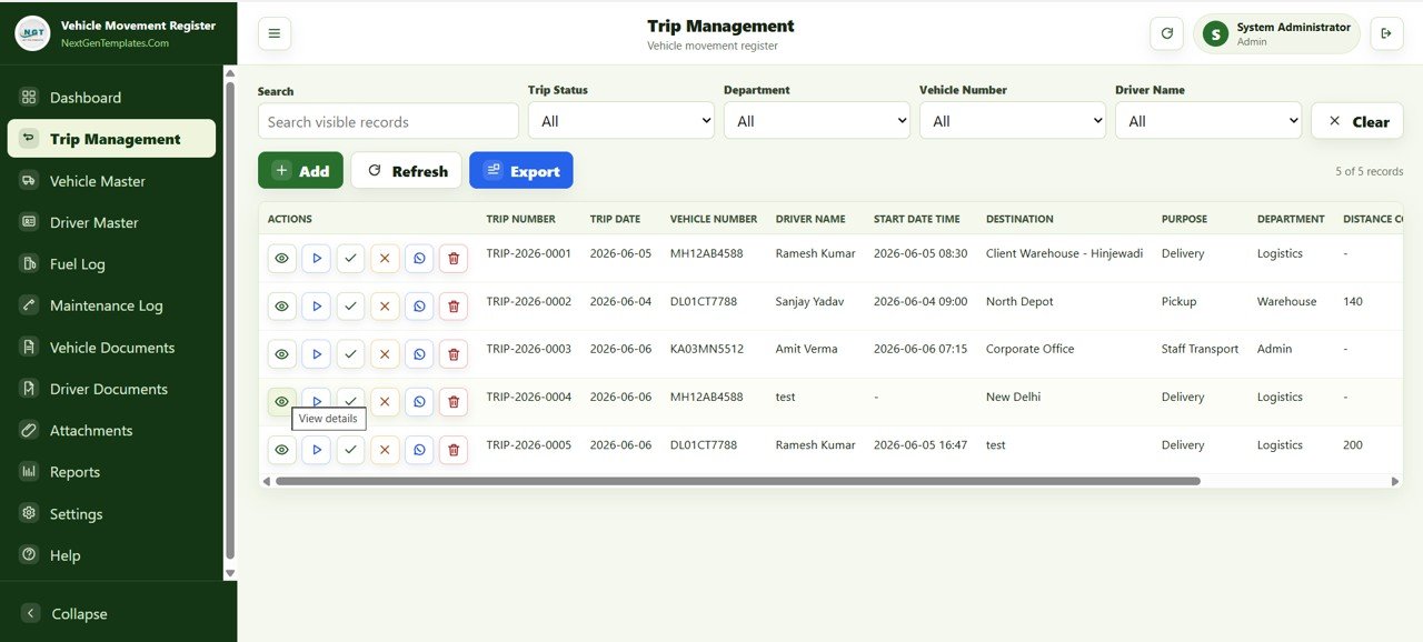 Vehicle Movement Register Management System Web App - Trip Management