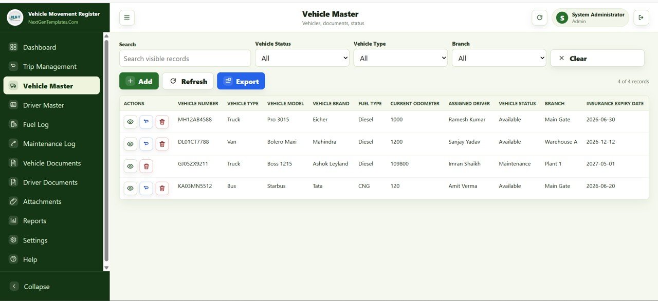 Vehicle Movement Register Management System Web App - Vehicle Master