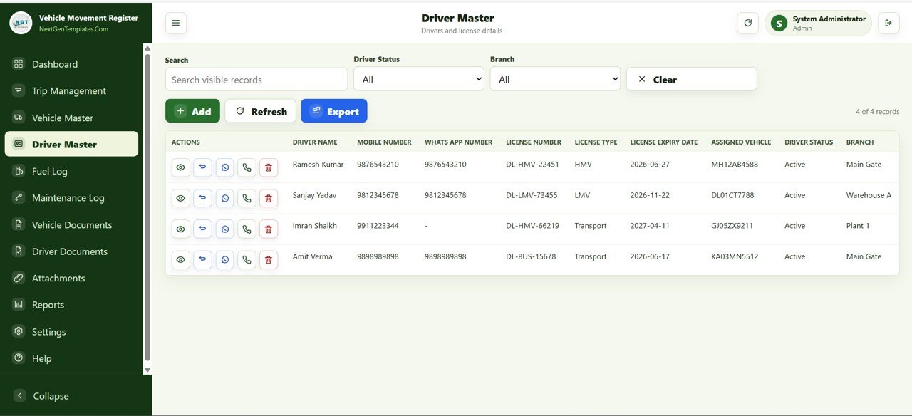 Vehicle Movement Register Management System Web App - Driver Master