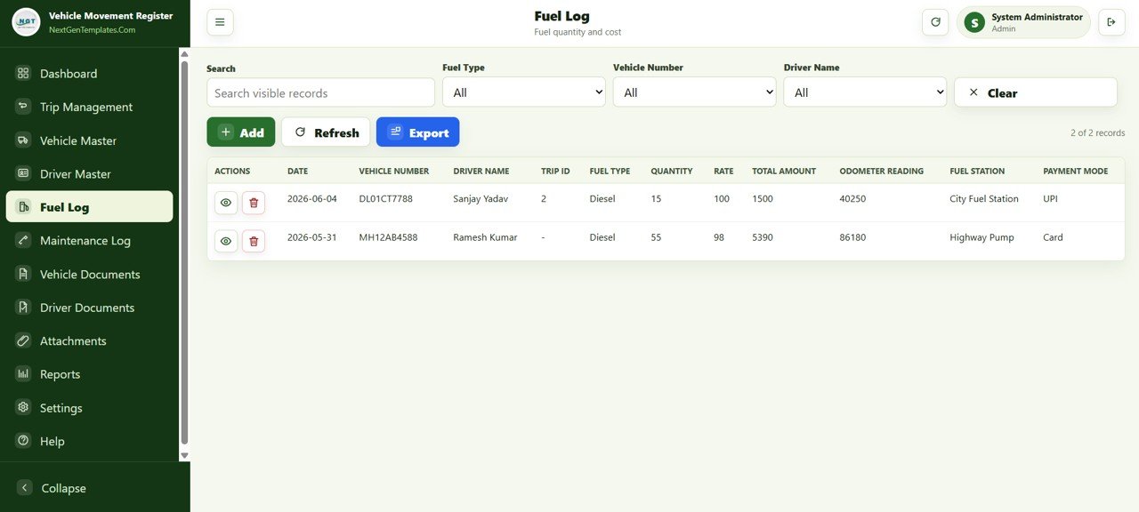 Vehicle Movement Register Management System Web App - Fuel Log