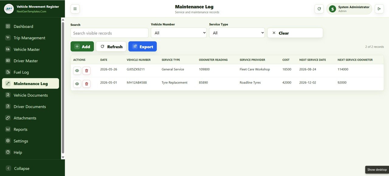 Vehicle Movement Register Management System Web App - Maintenance Log