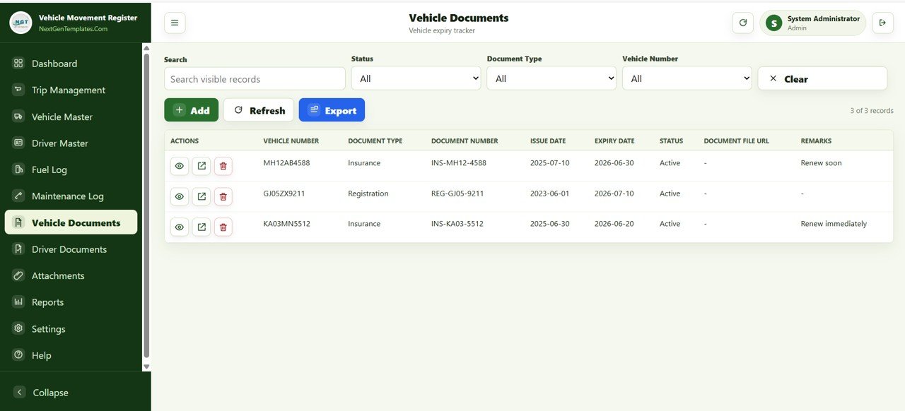 Vehicle Movement Register Management System Web App - Vehicle Documents