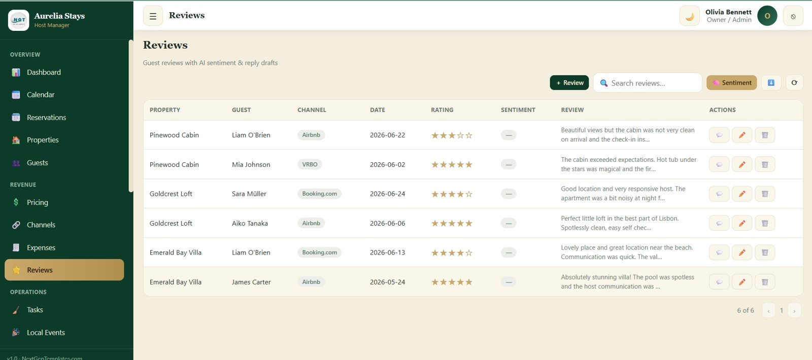 Reviews screen with AI sentiment and reply drafts