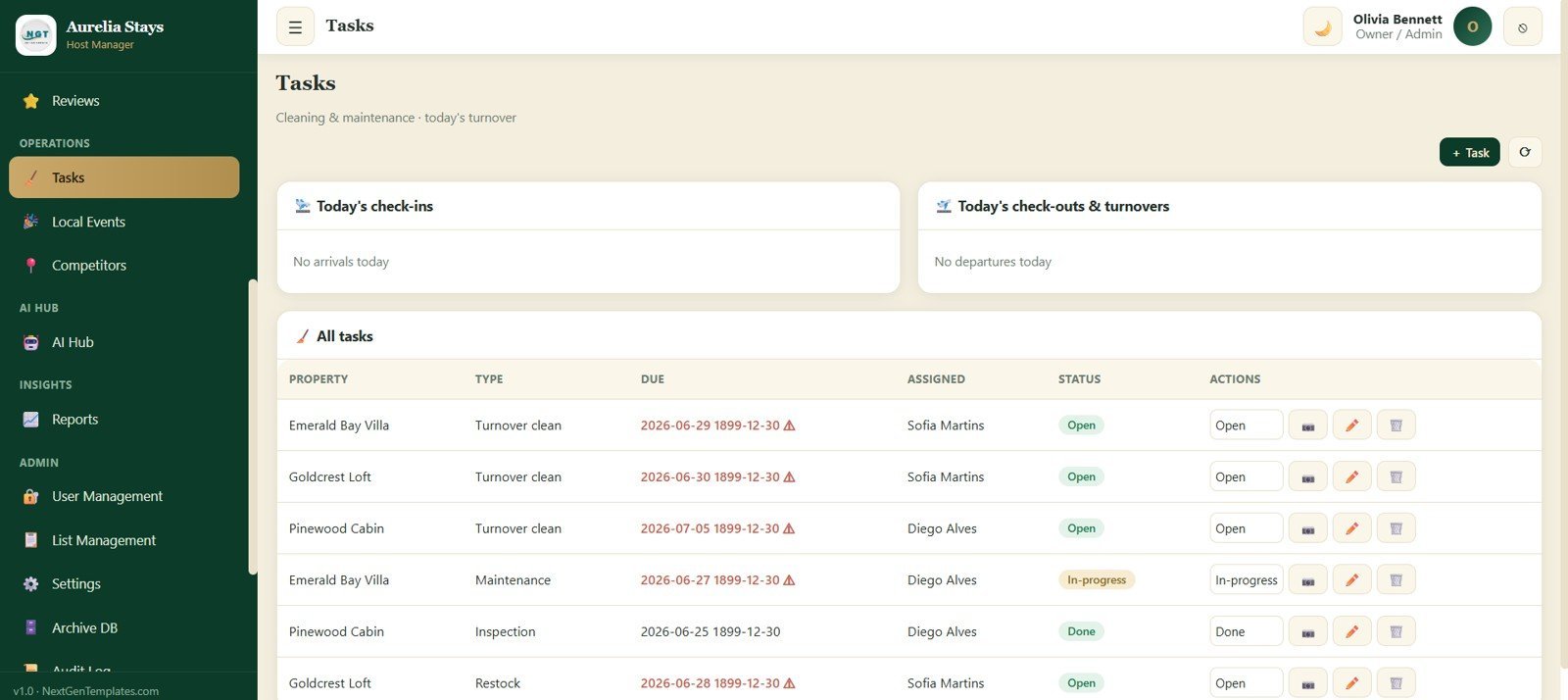 Tasks screen for cleaning and maintenance turnover work