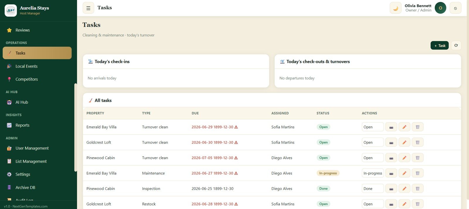Cleaning and maintenance tasks screen for vacation rental turnovers
