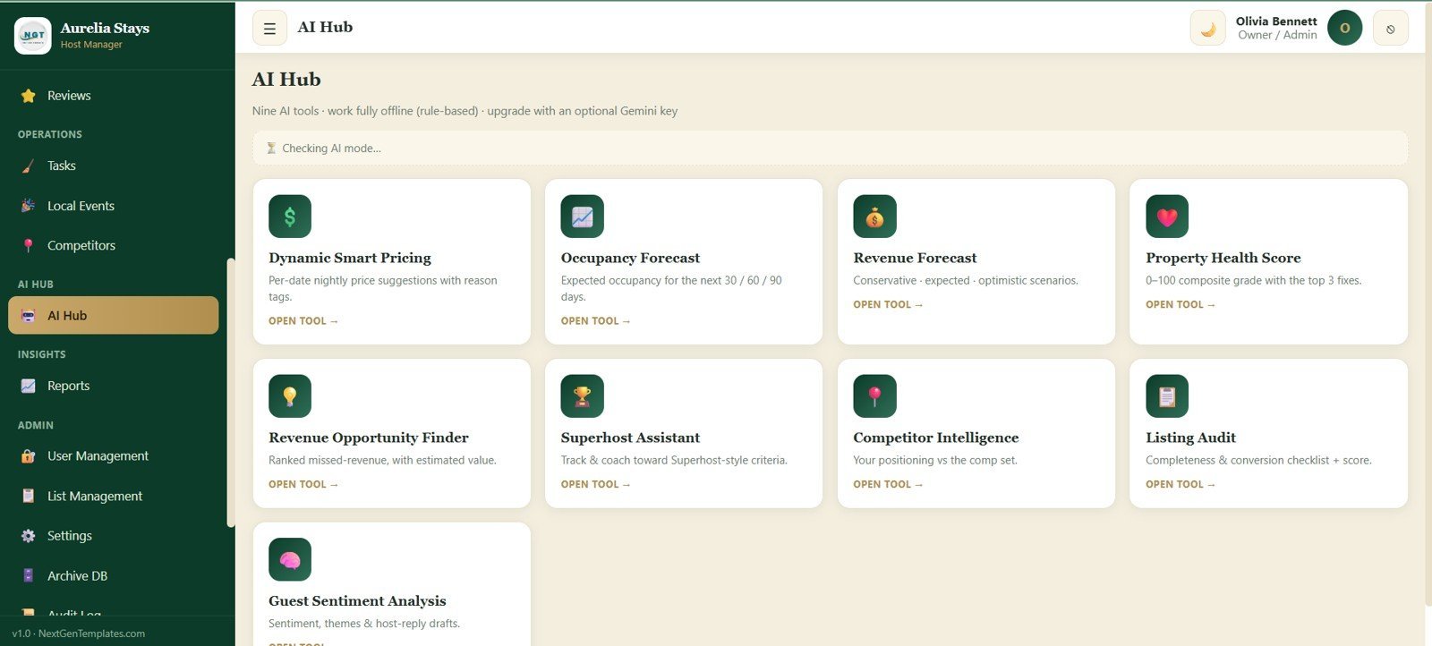 AI Hub screen for vacation rental pricing forecasts reviews and listing audit