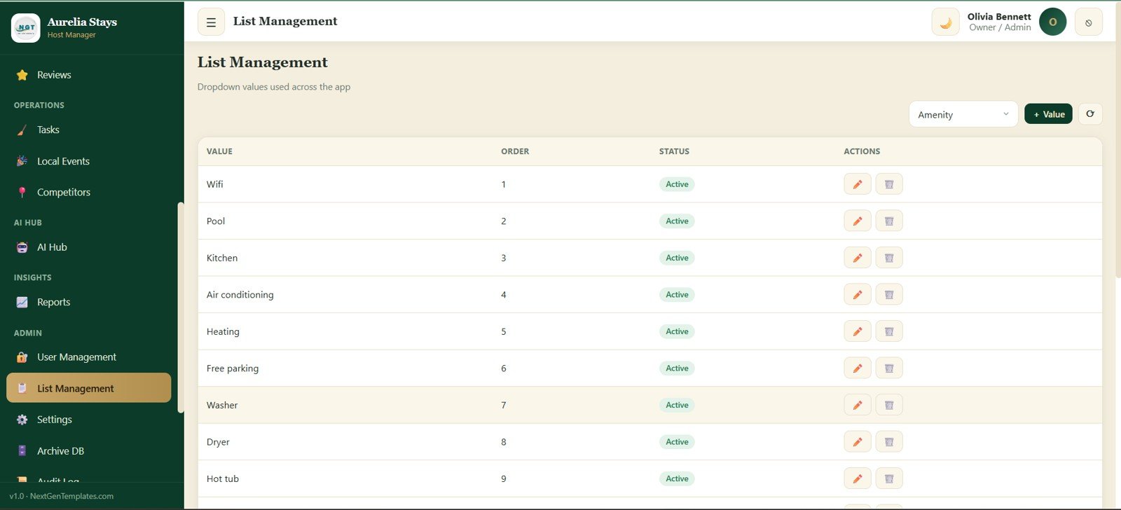 List management screen for dropdown values in Airbnb host app