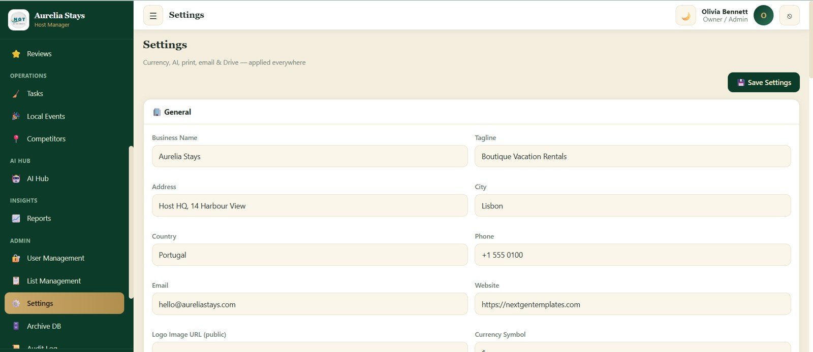 Settings screen for business profile currency AI email and Drive settings