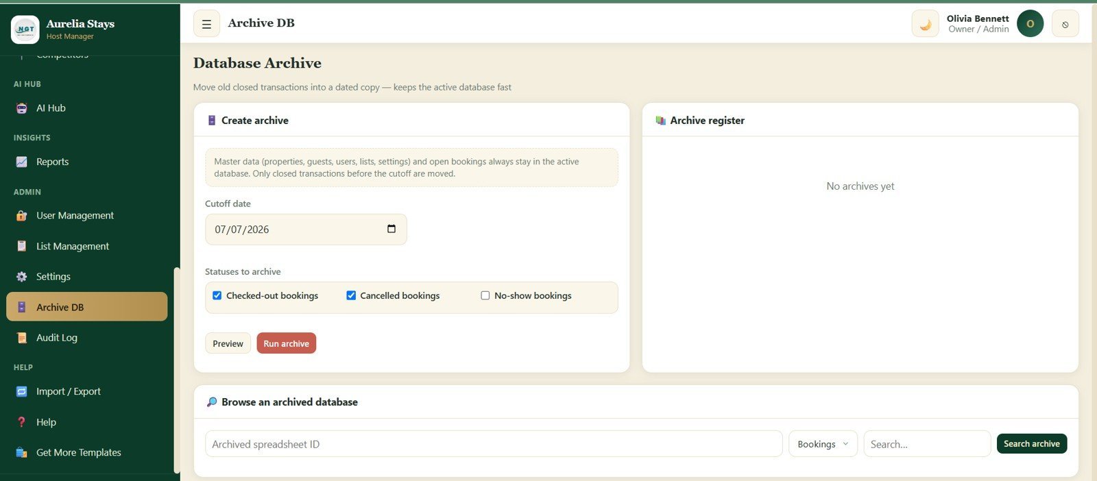 Archive database screen for old bookings and cancelled records