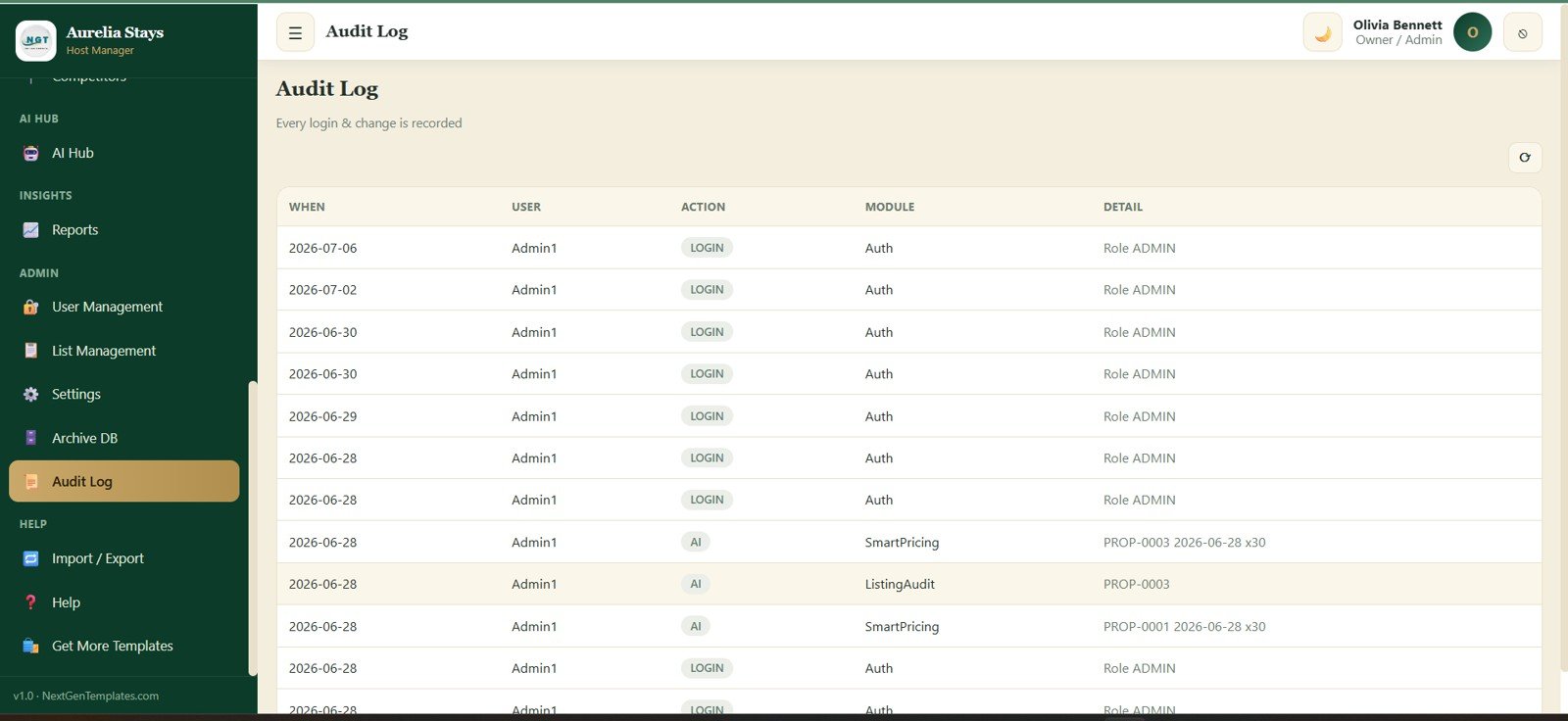 Audit log screen for login and change tracking