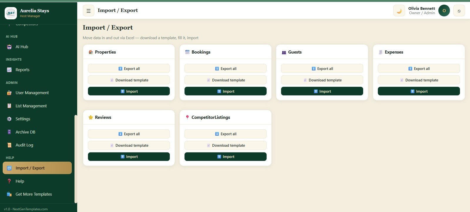 Import and export screen for vacation rental data templates