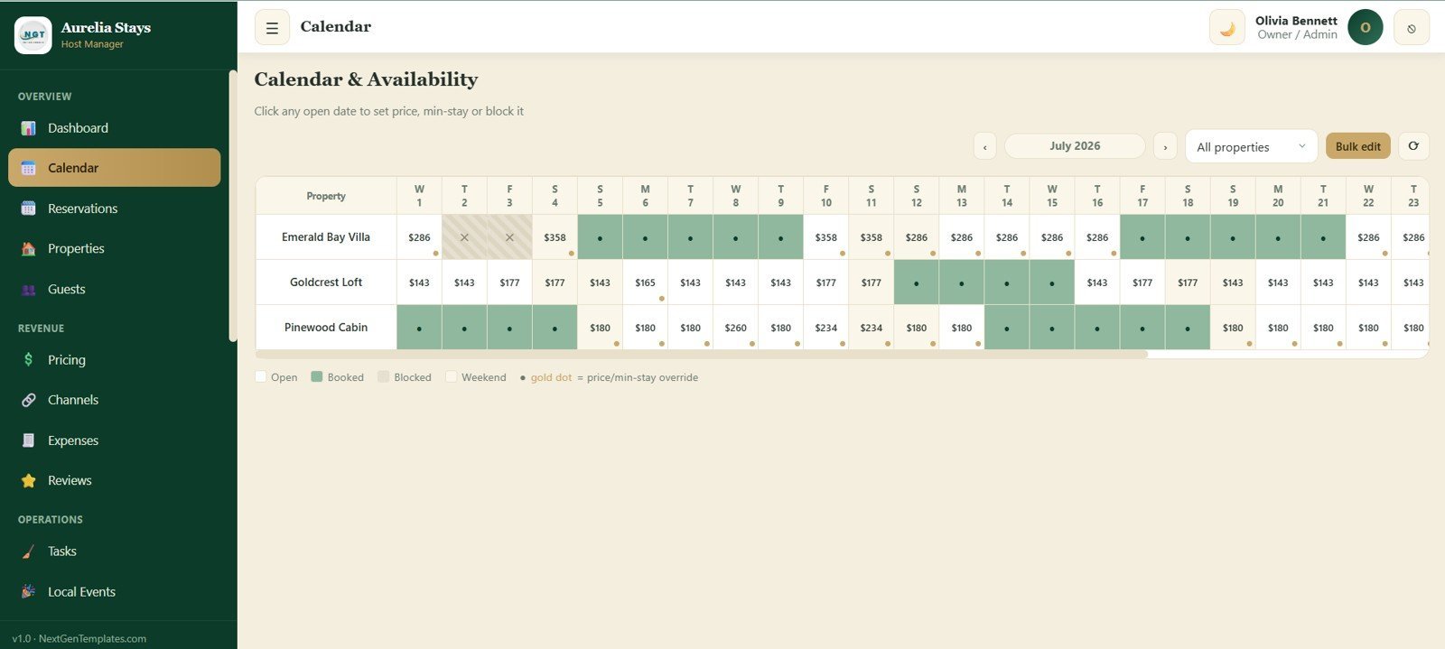 Calendar and availability screen for vacation rental web app