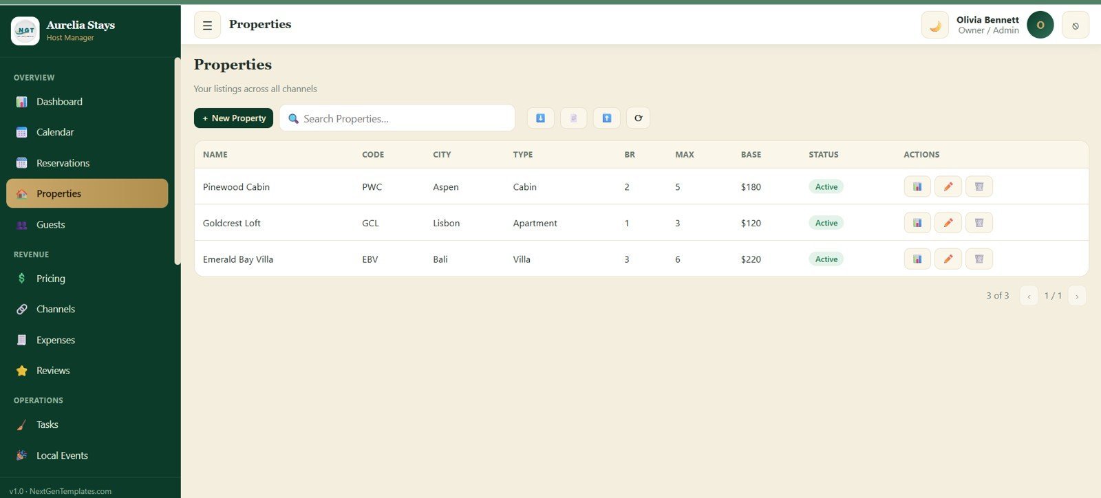 Properties screen for vacation rental host web app