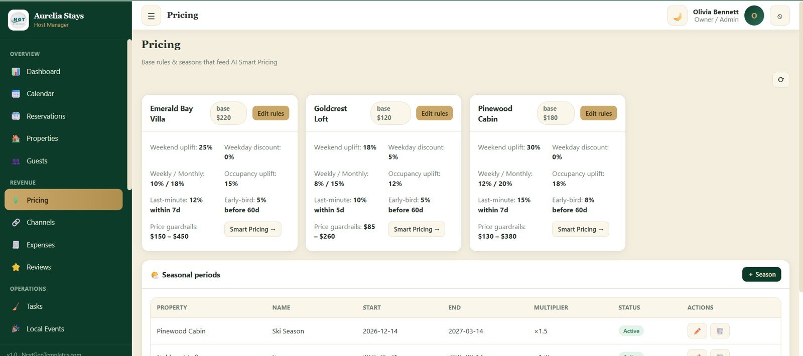 Pricing rules and seasonal periods screen for AI smart pricing
