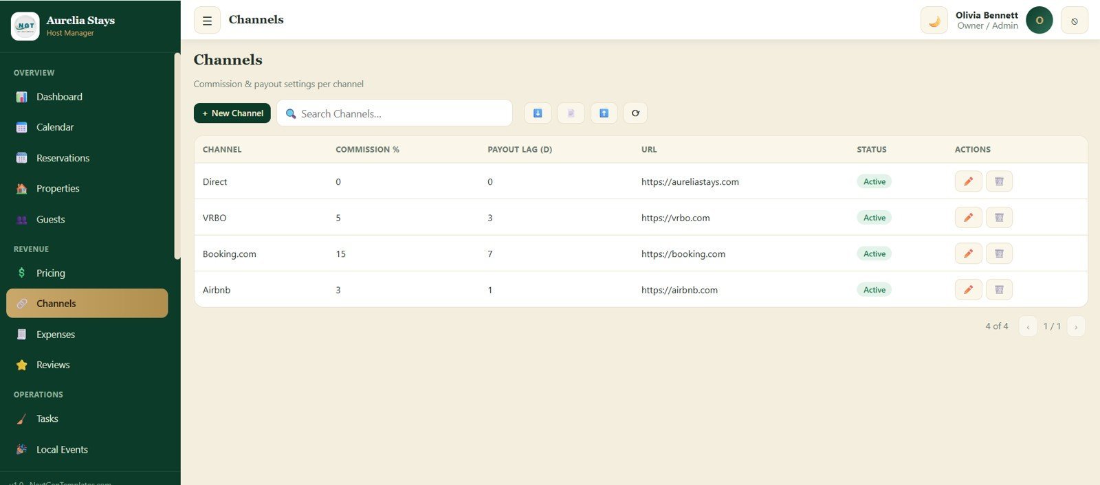 Channels screen for Airbnb Booking.com VRBO and direct bookings