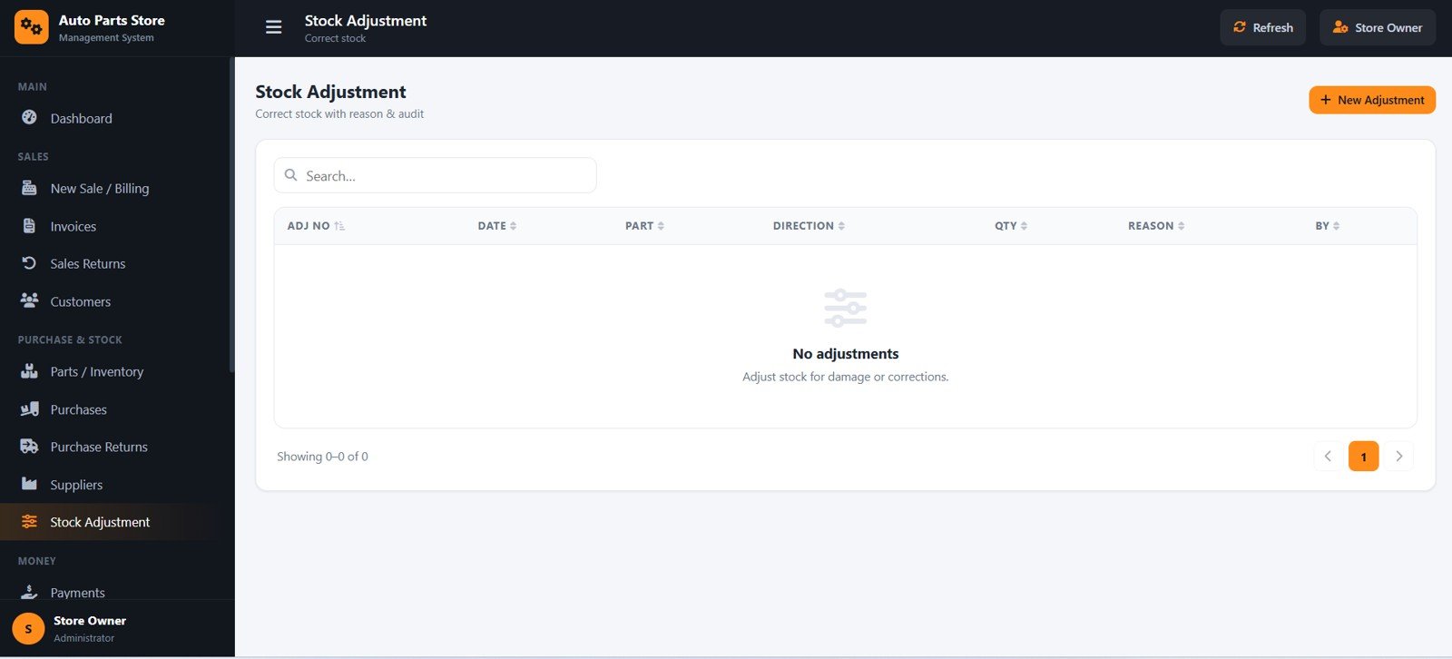 Auto Parts Store Management System - Stock Adjustment